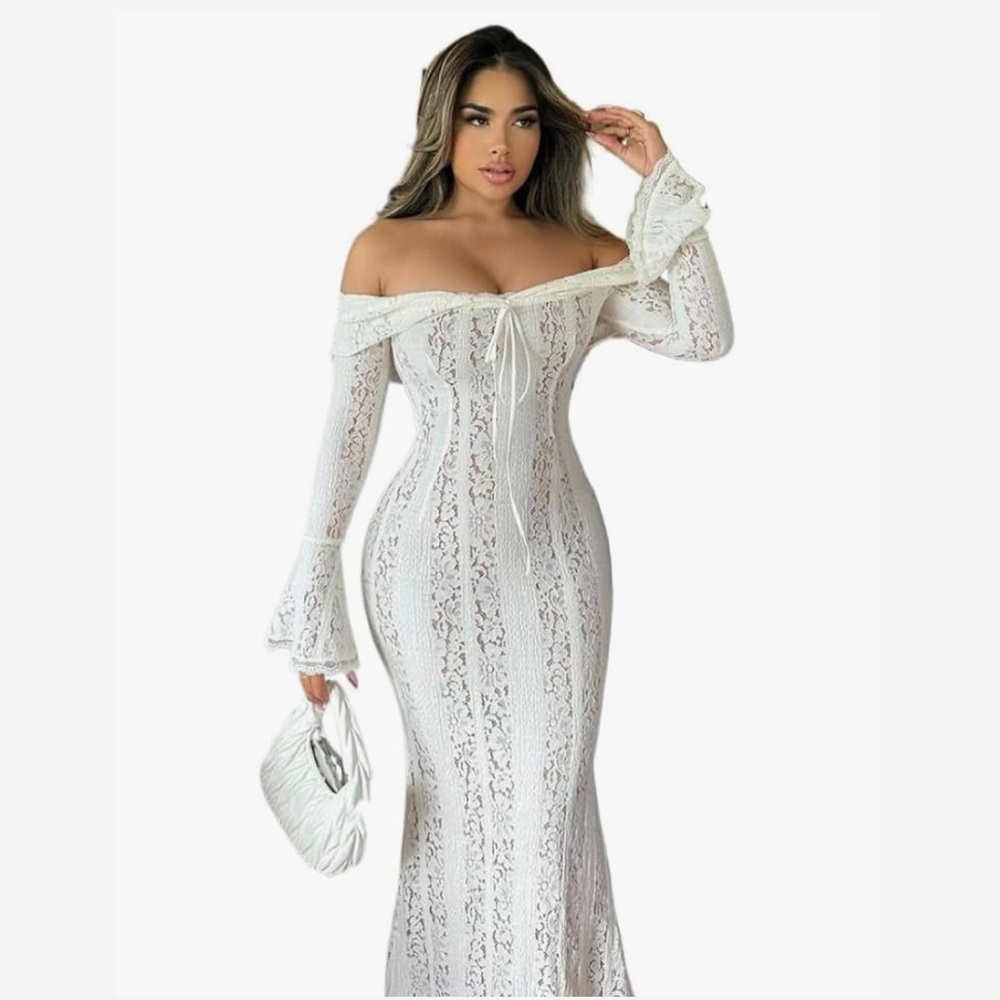 Amazon White Lace Off-Shoulder Long Sleeve Dress